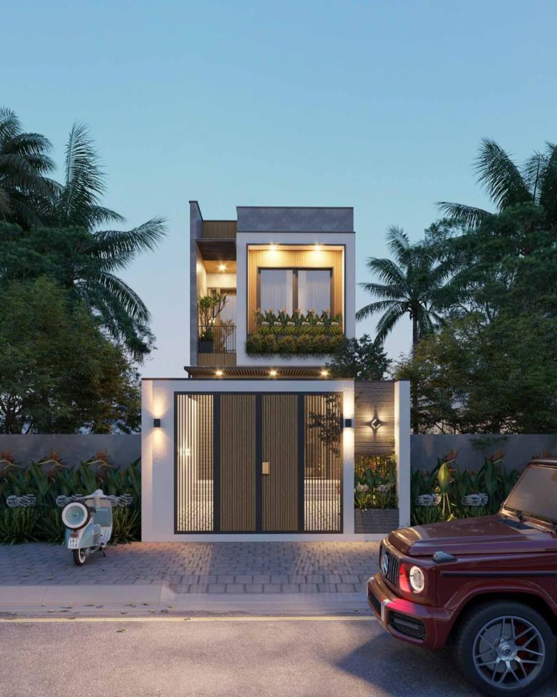 Mẫu nhà 2 tầng 5x20m sẽ bố trí khu vực để xe ở sân trước cửa phòng khách