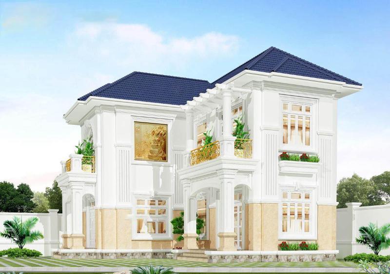 Mẫu thiết kế nhà chữ L 2 tầng 60m2 tân cổ điển nổi bật với các họa tiết trang trí tỉ mỉ