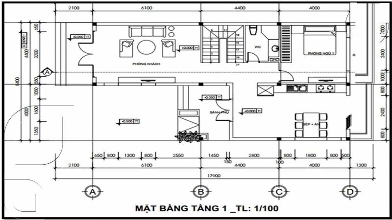 Bản vẽ thiết kế tầng 1 nhà chữ L 2 tầng 60m2