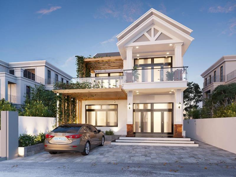 Mẫu thiết kế nhà 2 tầng chữ L 60m2 mái Thái phù hợp với khí hậu nước ta