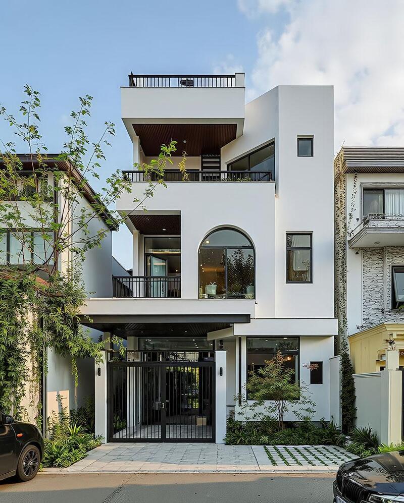 Mẫu n mặt tiền 8m sâu 10m có sân vườn giúp cân bằng ánh sáng và không khí tự nhiên