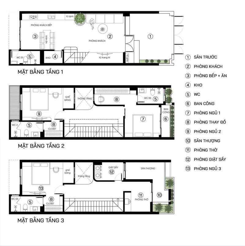 Mặt bằng công năng nhà 3 tầng mặt tiền 8m sâu 10m 