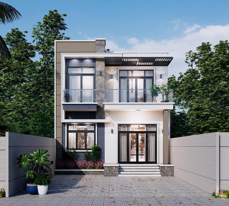 Mẫu nhà mặt tiền 8m sâu 10m 2 tầng nổi bật với hình khối rõ ràng và mặt tiền cân đối