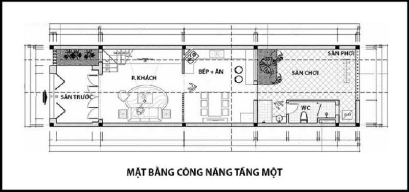Bản vẽ công năng tầng 1 của nhà ống 2 tầng 5x19m