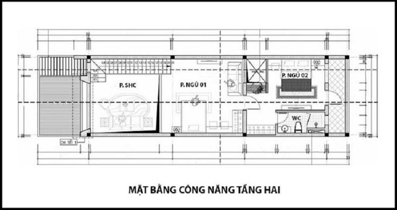 Bản vẽ công năng tầng 2 của nhà ống 2 tầng 5x19m