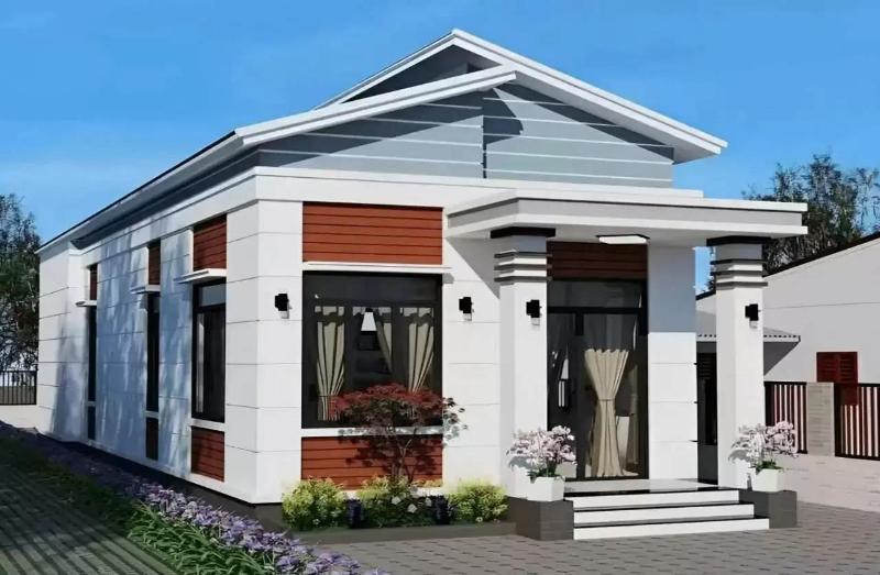 Mẫu nhà trệt đẹp dạng mái lệch với phần mái bố trí lệch tầng ấn tượng