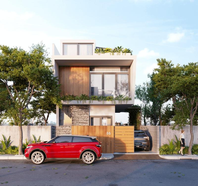 Mặt tiền nhà 2 tầng 6x17m với tone màu sơn nhẹ nhàng với ít chi tiết rườm rà